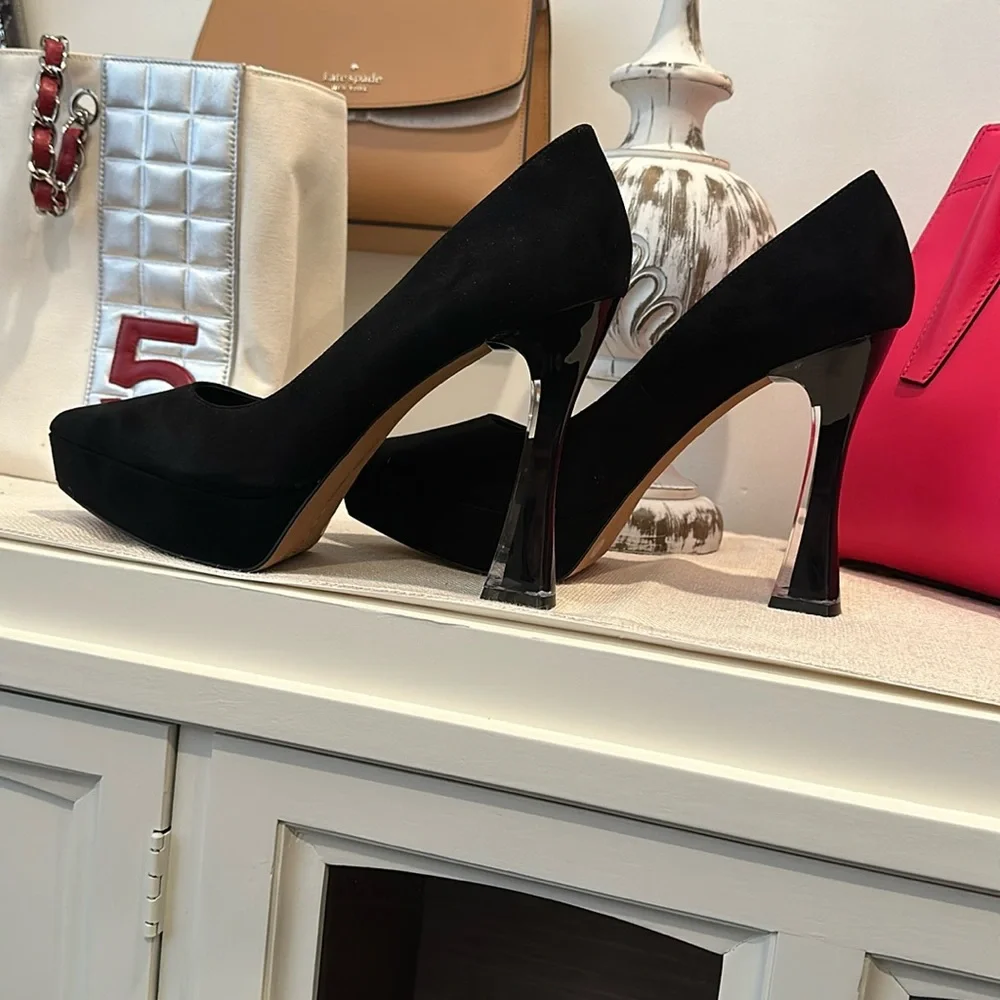 Gorgeous Vince Camuto Slaytia Lucite Platforms in Black Suede, Size 10 NWOB